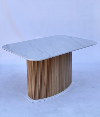 Обідній прямокутний розкладний стіл з HPL Мармур Леванто білий та підстіллям з дерева 