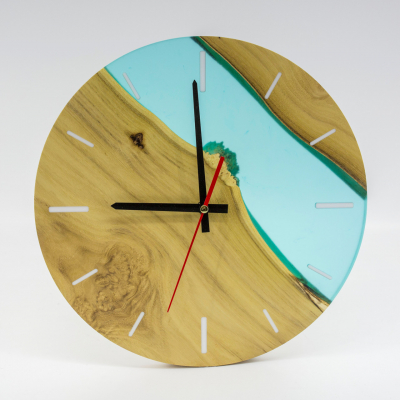Настінний годинник "Azure" із натурального дерева Акація та епоксидною смолою фото