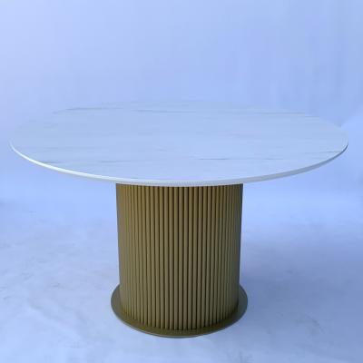 Обідній круглий розкладний стіл (мармур Леванто білий F812 ST9) з золотим підстіллям 