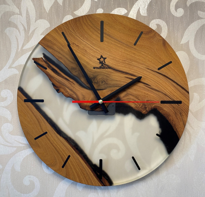 Настінний годинник, акація з прозорою епоксидною смолою, Ø34 см фото