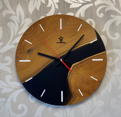 Настінний годинник, акація з чорною епоксидною смолою Ø34 см фото