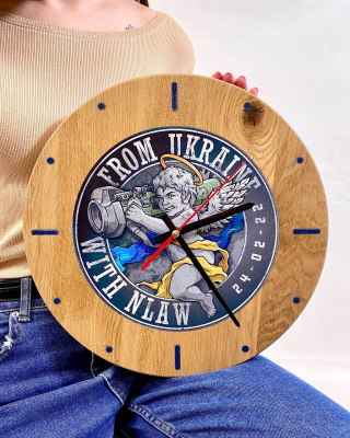 Wall clock "From Ukraine with NLAW" made of natural Oak wood 